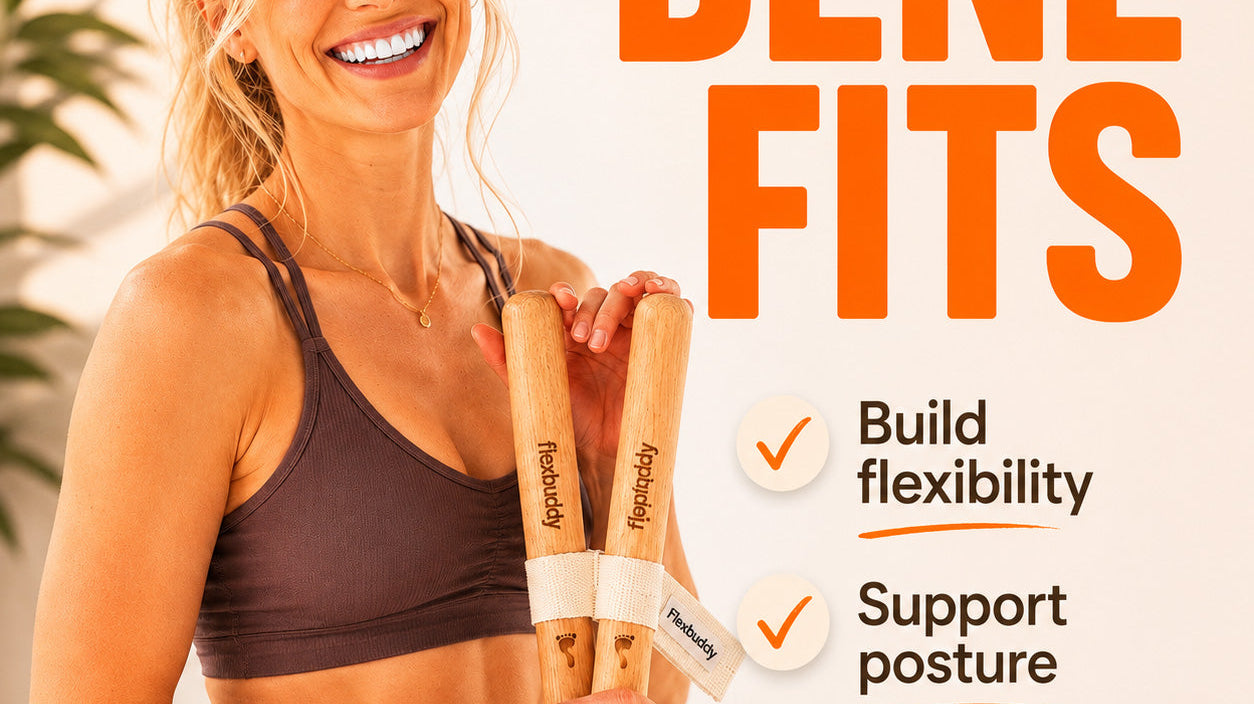 Supported hip mobility stretch using the FlexBuddy tool to stay tall and balanced