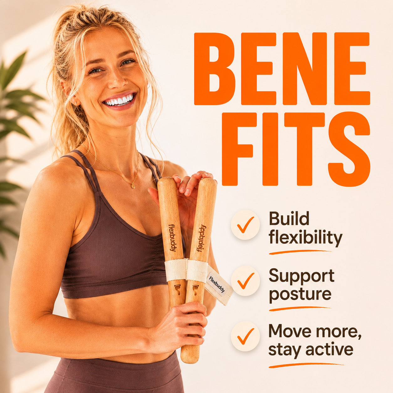 Supported hip mobility stretch using the FlexBuddy tool to stay tall and balanced